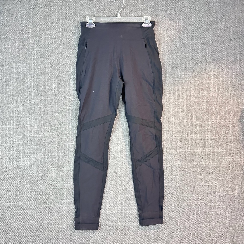 Athletic Workout Leggings Black Mesh Panel‎ Zip Pockets Athleisure Yoga Fitness